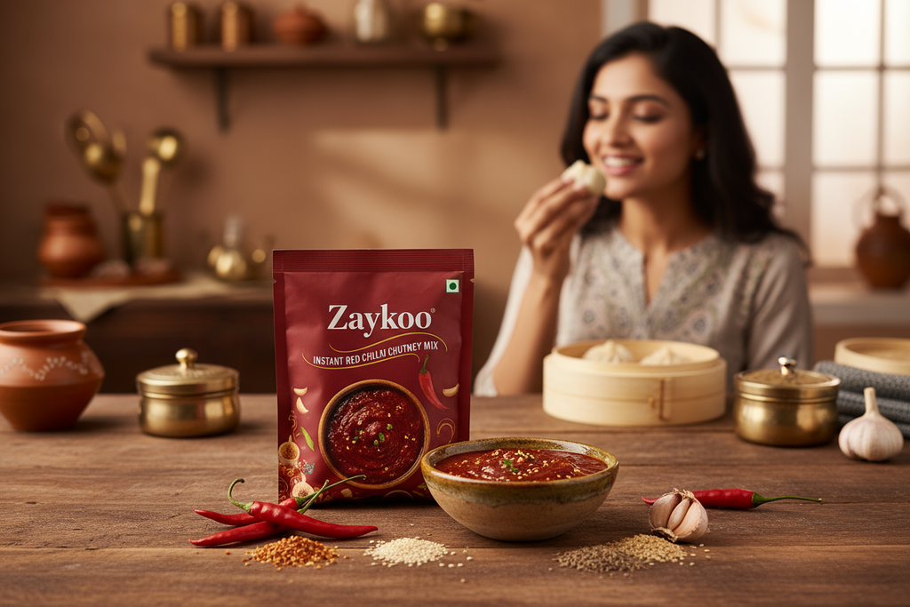 A bold, appetizing Indian kitchen or dining setup showcasing Zaykoo Instant Red Chilli Chutney Mix. In the foreground, a Zaykoo packet with deep red and gold packaging labeled “Zaykoo – Instant Red Chilli Chutney Mix.” Beside it, a small bowl of vibrant, deep-red chutney with a glossy texture and visible chilli flakes.

Around the bowl, place fresh red chillies, roasted garlic, sesame seeds, and cumin to highlight authenticity and real ingredients.

In the background, an Indian man or woman enjoying momos, 
