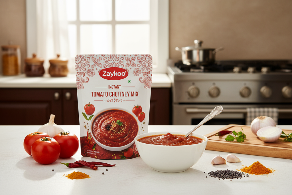 A bright, appetizing Indian kitchen scene featuring Zaykoo Instant Tomato Chutney Mix in the foreground. A clean, modern Zaykoo packet with red and white packaging labeled “Zaykoo – Instant Tomato Chutney Mix” stands upright beside a small bowl of vibrant red tomato chutney. The chutney looks fresh, thick, and glossy, with visible spices and a spoon inside the bowl.

Around it, fresh ingredients like tomatoes, garlic, red chili, and mustard seeds are scattered aesthetically.