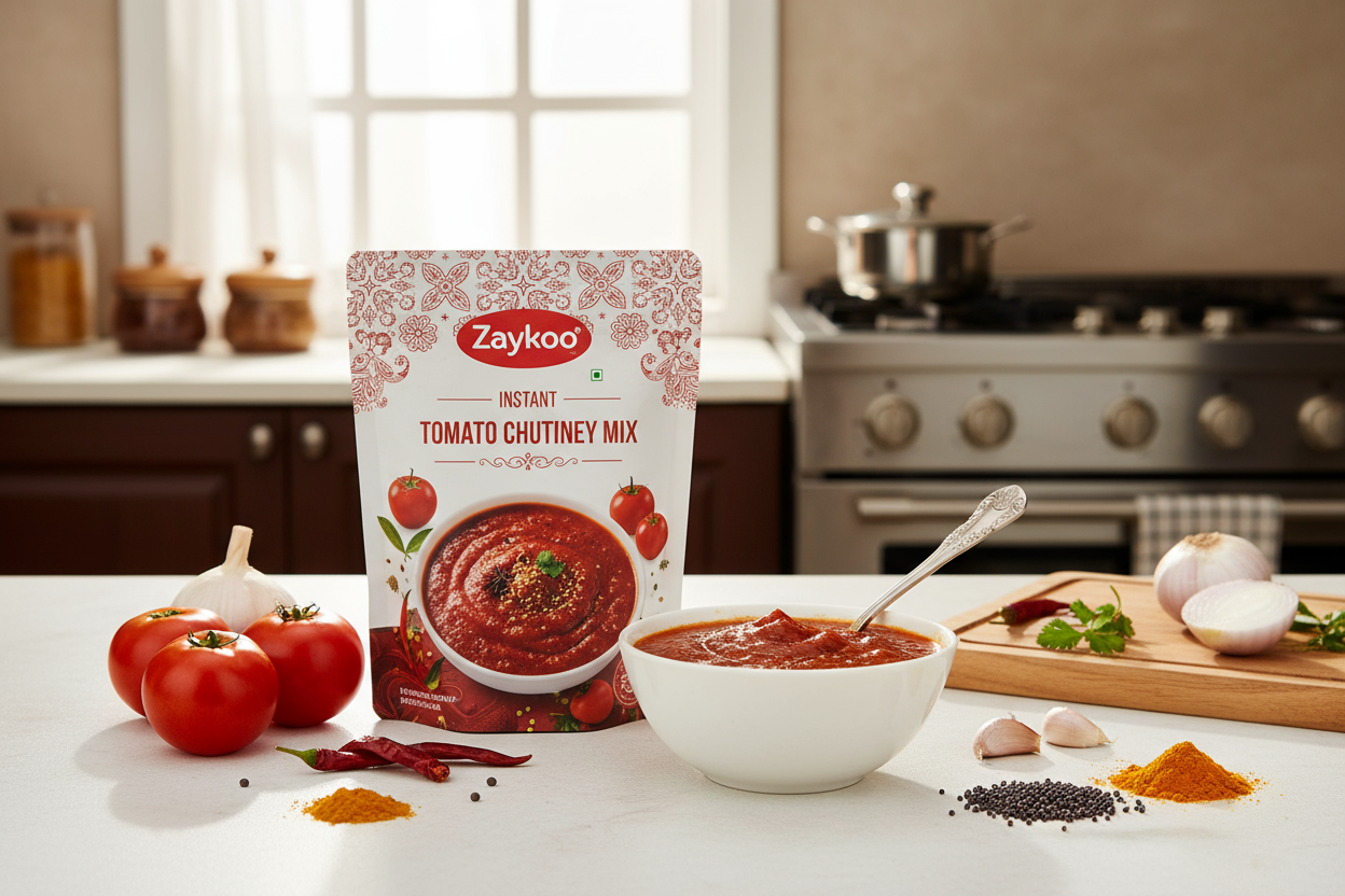 A bright, appetizing Indian kitchen scene featuring Zaykoo Instant Tomato Chutney Mix in the foreground. A clean, modern Zaykoo packet with red and white packaging labeled “Zaykoo – Instant Tomato Chutney Mix” stands upright beside a small bowl of vibrant red tomato chutney. The chutney looks fresh, thick, and glossy, with visible spices and a spoon inside the bowl.

Around it, fresh ingredients like tomatoes, garlic, red chili, and mustard seeds are scattered aesthetically.