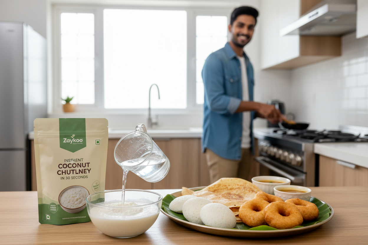 A bright, appetizing Indian kitchen scene showcasing Zaykoo Instant Coconut Chutney Mix. In the foreground, a clean pouch of Zaykoo chutney powder with modern, minimal packaging (cream and green color palette, labeled “Zaykoo – Authentic Chutney in 30 Seconds”). Next to it, a small bowl of fresh coconut chutney being made — powder visibly turning into chutney as water is poured in. Around it, traditional Indian breakfast items like idli, dosa, and vada. In the background, a young busy Indian professional 