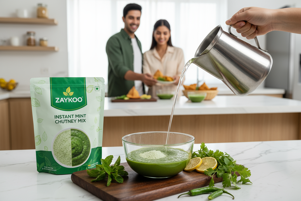 A bright, modern Indian kitchen setup showcasing Zaykoo Instant Mint (Pudina) Chutney Mix. In the foreground, a clean, minimal Zaykoo Pudina Chutney pouch (green and white packaging) stands beside a bowl of fresh green chutney made by mixing powder with water — visible transformation of powder to chutney. Around it are fresh ingredients like mint leaves, coriander, green chili, and lemon slices.

In the background, a young Indian couple smiling and serving snacks like samosas, pakoras with chutney