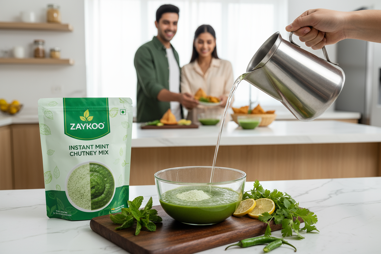 A bright, modern Indian kitchen setup showcasing Zaykoo Instant Mint (Pudina) Chutney Mix. In the foreground, a clean, minimal Zaykoo Pudina Chutney pouch (green and white packaging) stands beside a bowl of fresh green chutney made by mixing powder with water — visible transformation of powder to chutney. Around it are fresh ingredients like mint leaves, coriander, green chili, and lemon slices.

In the background, a young Indian couple smiling and serving snacks like samosas, pakoras with chutney