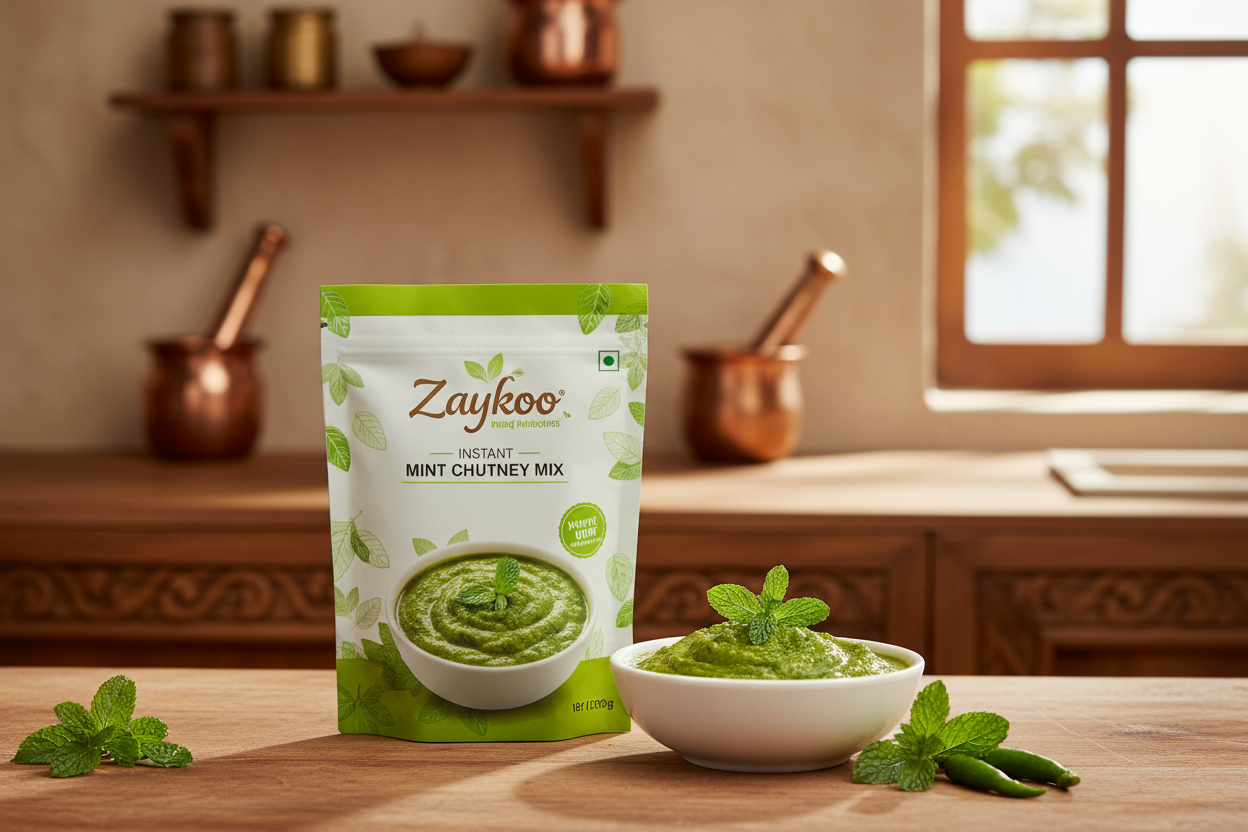 A bright, refreshing Indian kitchen scene showcasing Zaykoo Instant Mint (Pudina) Chutney Mix. In the foreground, a clean, modern Zaykoo chutney packet with green and white packaging labeled “Zaykoo – Instant Mint Chutney Mix.” Beside it, a small bowl of vibrant green mint chutney with a smooth, creamy texture, looking freshly prepared.Visual Style: Photorealistic food photography, professional FMCG ad look, shallow depth of field, natural color tones (green, beige, white), soft lighting, premium brand feel