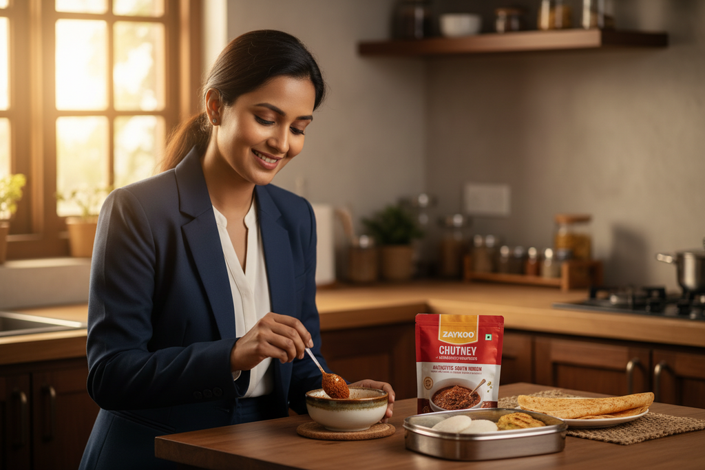 A busy Indian woman in office clothes quickly mixing Zaykoo chutney powder with water in a small bowl beside a lunchbox with idli and dosa. The Zaykoo packet stands upright beside her. Expression of satisfaction and speed. Warm light, natural lifestyle setting, high detail, magazine-quality food photo.