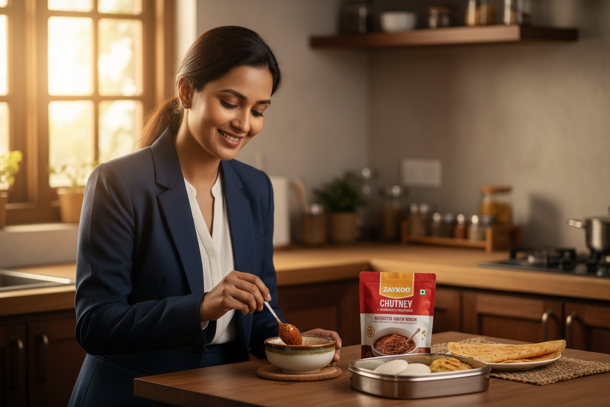 A busy Indian woman in office clothes quickly mixing Zaykoo chutney powder with water in a small bowl beside a lunchbox with idli and dosa. The Zaykoo packet stands upright beside her. Expression of satisfaction and speed. Warm light, natural lifestyle setting, high detail, magazine-quality food photo.