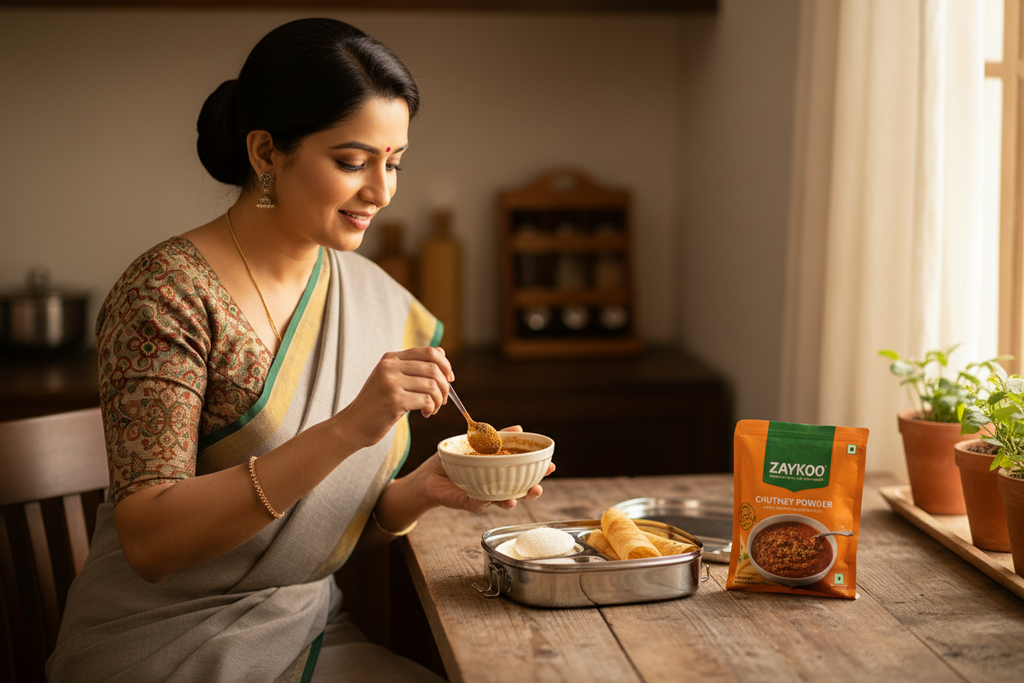 A busy Indian woman in office clothes quickly mixing Zaykoo chutney powder with water in a small bowl beside a lunchbox with idli and dosa. The Zaykoo packet stands upright beside her. Expression of satisfaction and speed. Warm light, natural lifestyle setting, high detail, magazine-quality food photo.