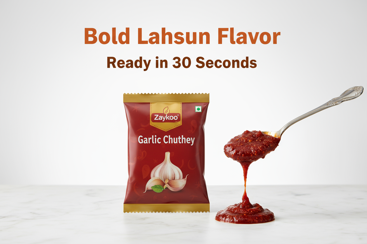 A centered Zaykoo Garlic Chutney packet with a spoonful of rich red chutney dripping beside it. Clean background, bold tagline text overlay — “Bold Lahsun Flavor. Ready in 30 Seconds.”