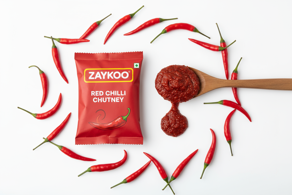 A centered Zaykoo Red Chilli Chutney packet with a dripping spoon of chutney beside it. Fresh chillies arranged around symmetrically.