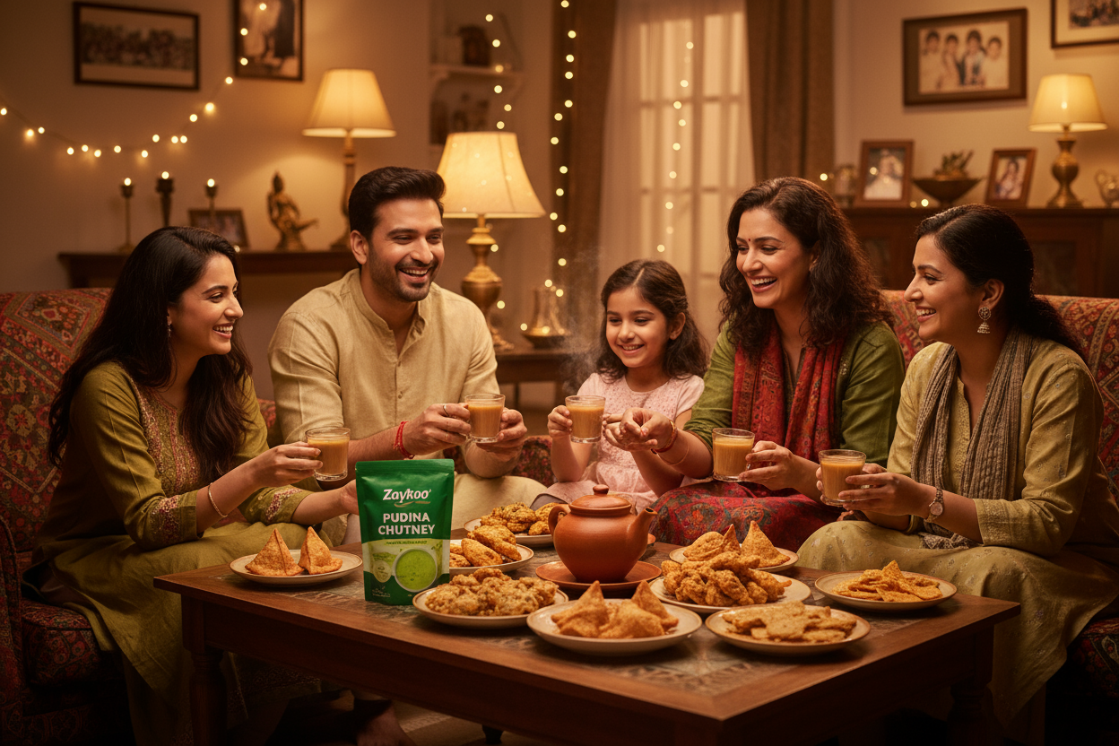 A cheerful Indian family enjoying evening snacks with Zaykoo Pudina Chutney. The Zaykoo packet is visible on the table beside plates of pakoras, samosas, and tea. Bright, cozy lighting, homey Indian atmosphere, smiles and real emotion, magazine-style composition.