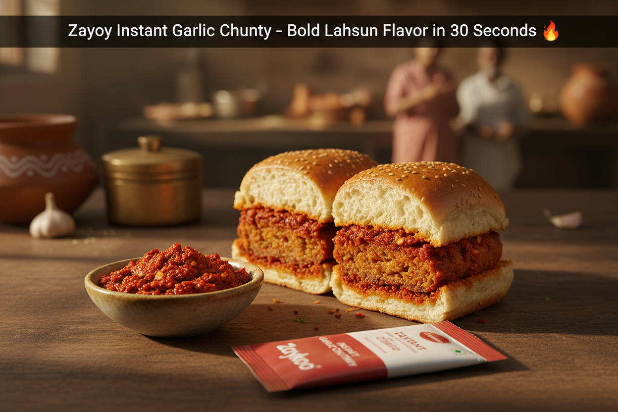 A close-up of a spicy street-style vada pav with Zaykoo Garlic Chutney spread inside, a small bowl of chutney beside it, and the Zaykoo packet visible on the table. Warm, natural lighting, Indian snack shop or home background, cinematic focus on food. Visual Style: Professional FMCG food photography, photorealistic texture, high detail, natural shadows, and vibrant red color palette.

Text overlay (optional): “Zaykoo Instant Garlic Chutney – Bold Lahsun Flavor in 30 Seconds 🔥”