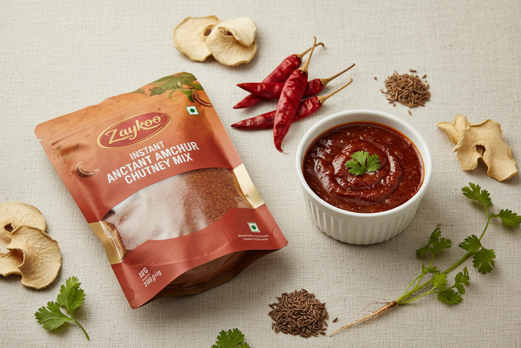 A close-up of Zaykoo Instant Amchur Chutney Mix packet with a small bowl of glossy reddish chutney beside it. Fresh amchur slices, red chilies, cumin seeds, and coriander leaves arranged neatly on a clean white or beige background. Professional studio lighting, premium product focus, minimalistic and elegant.