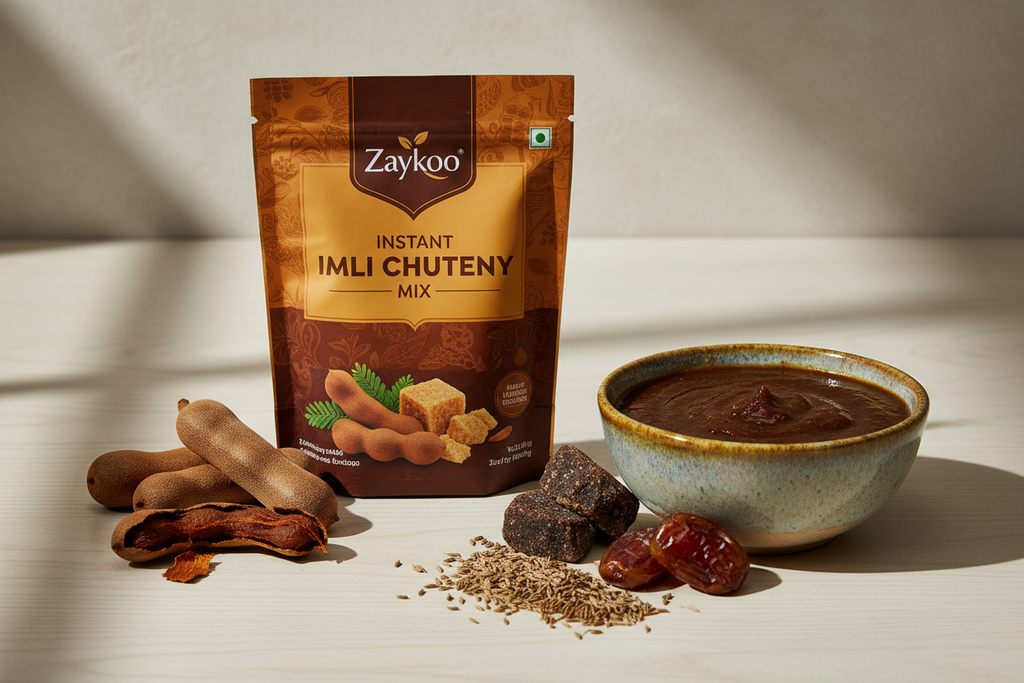 A close-up of Zaykoo Instant Imli Chutney Mix packet beside a bowl of tamarind chutney. Ingredients like tamarind pods, jaggery, dates, and cumin seeds arranged around it. Clean white or wooden background, professional packaging focus, soft shadow, and high contrast.
