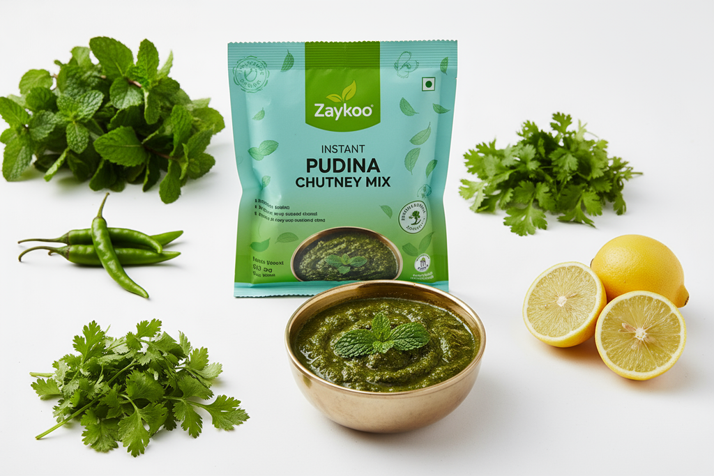A close-up of Zaykoo Instant Pudina Chutney Mix packet surrounded by fresh mint, coriander, green chili, and lemon. A bowl of vibrant green chutney placed in front. Clean white background, soft shadows, professional product photography style.