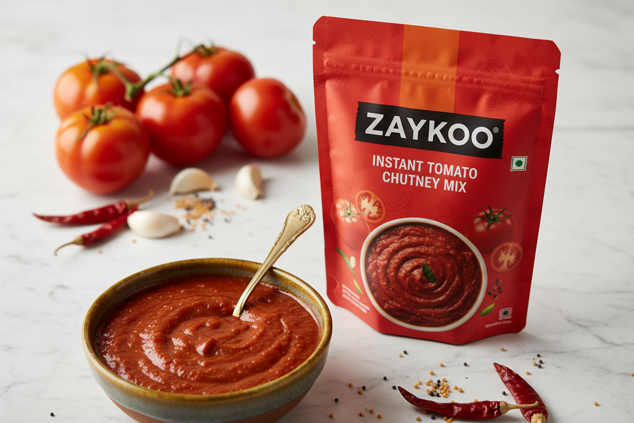 A close-up of Zaykoo Instant Tomato Chutney Mix pouch surrounded by ripe tomatoes, garlic, red chili, and mustard seeds. A bowl of freshly made chutney in front, with smooth texture and shine. Clean white or wooden background, professional studio lighting.