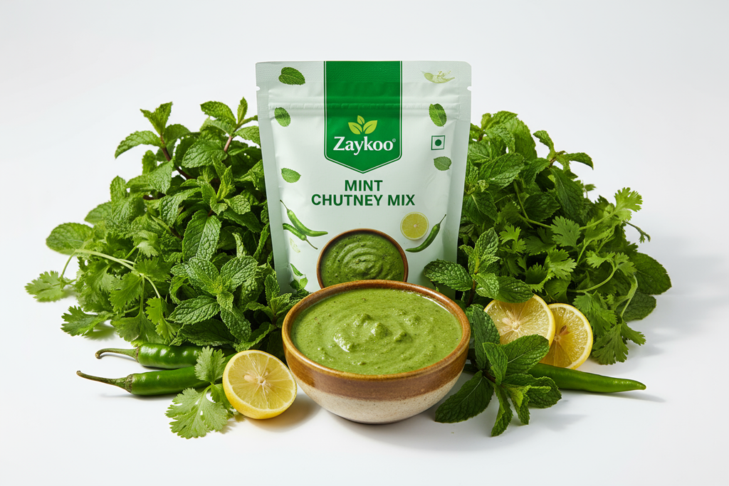 A close-up of Zaykoo Mint Chutney Mix packet surrounded by fresh mint, coriander, green chili, and lemon slices. A small bowl of green chutney in front, showing rich, smooth texture. Clean white background, minimal shadows, professional packaging focus.