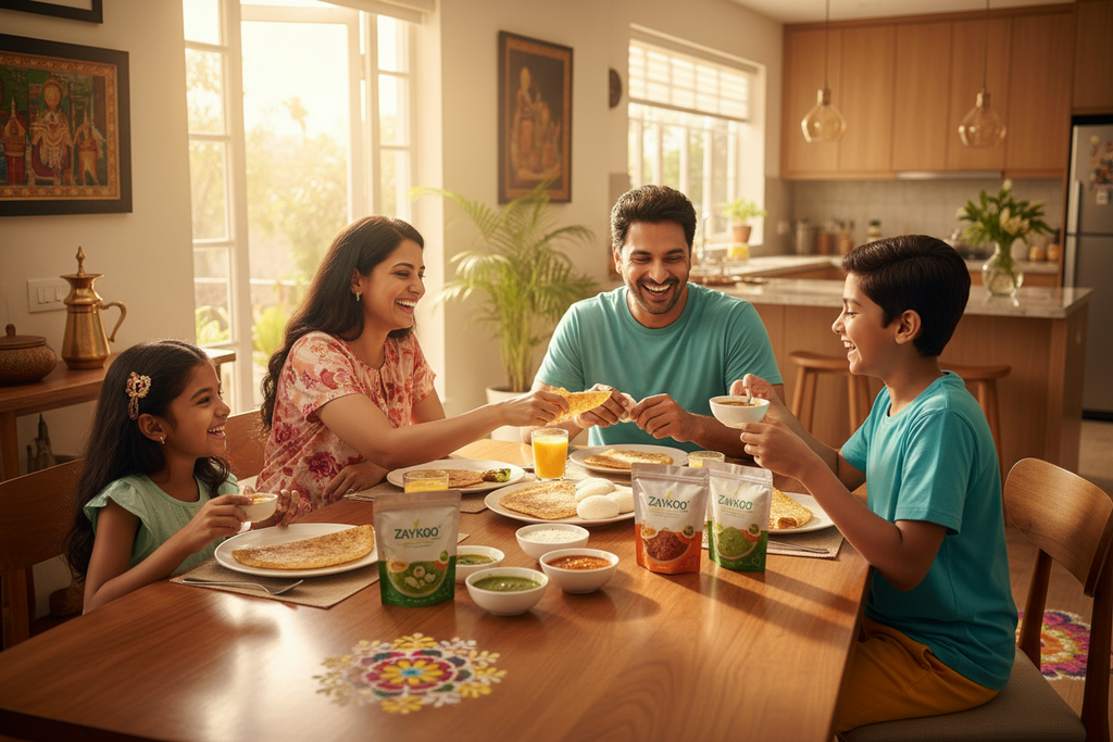A happy Indian family at the breakfast table enjoying dosa and idli with freshly made Zaykoo chutney. The Zaykoo packets placed on the table. Modern home setting, morning light, authentic Indian feel, bright and inviting colors.