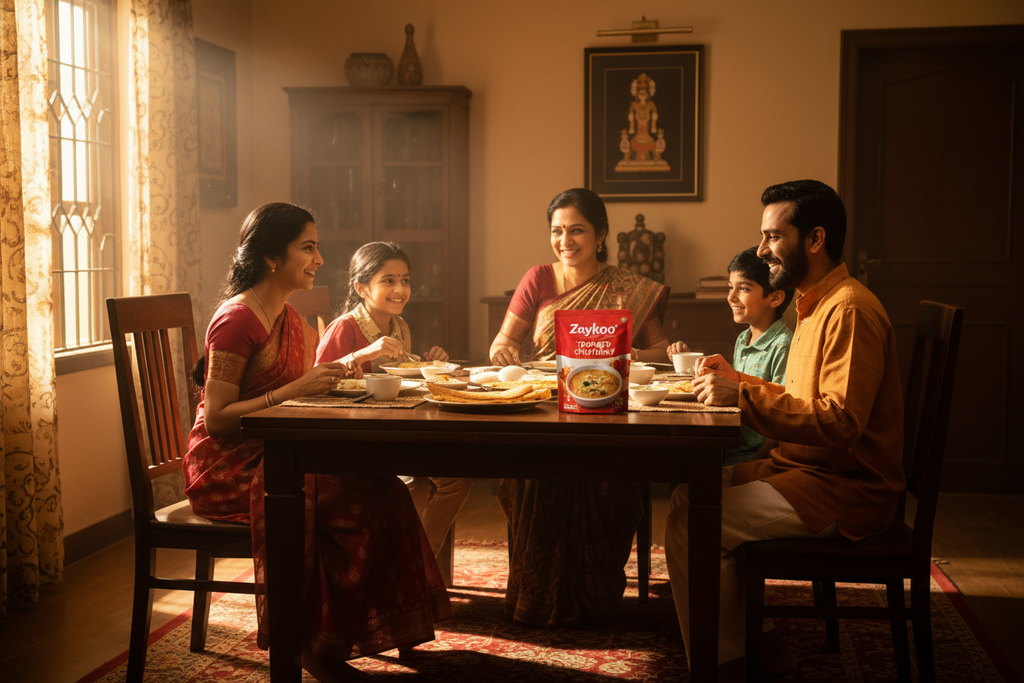 A happy Indian family having breakfast with idlis, dosas, and Zaykoo Tomato Chutney on the table. The packet is visible beside the dishes. Bright morning light, cheerful expressions, home warmth, authentic Indian aesthetic.