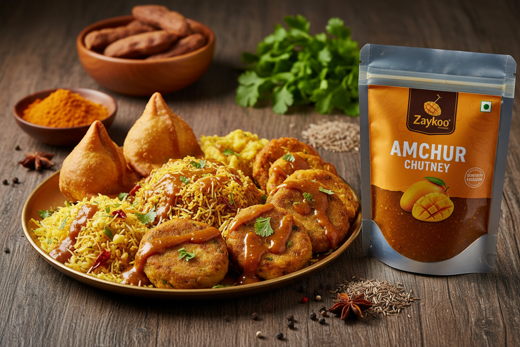 A plate of bhel puri, samosas, and aloo tikki topped with tangy Zaykoo Amchur Chutney. Zaykoo packet placed beside the plate. Bright, colorful, and authentic street food vibe with tamarind and spice ingredients in the background.
