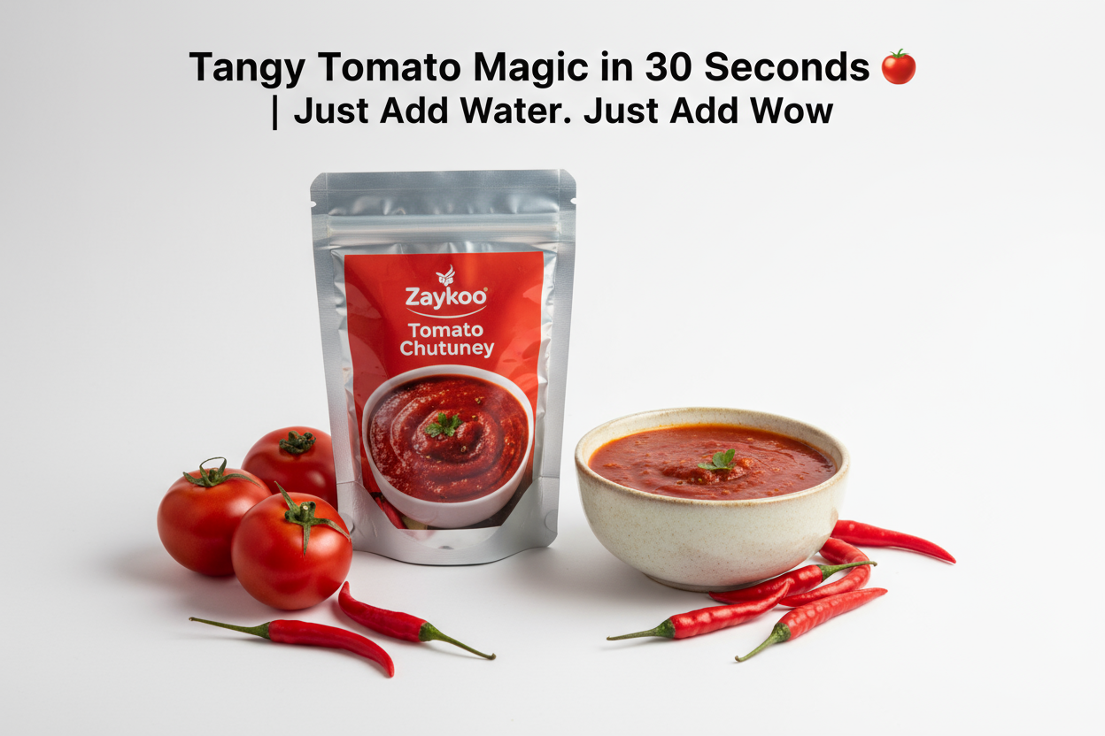 A single Zaykoo Tomato Chutney pouch and a bowl of bright red chutney placed in the center. Fresh tomatoes and chili arranged around. Clean background with text overlay: “Tangy Tomato Magic in 30 Seconds 🍅 | Just Add Water. Just Add Wow.”