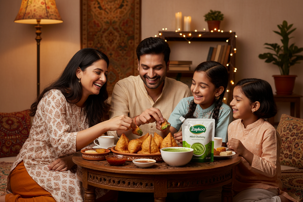 A small Indian family gathered around a snack table, dipping samosas in Zaykoo Mint Chutney. The Zaykoo packet is visible on the table, conveying togetherness, authenticity, and home happiness. Warm, cozy color palette.