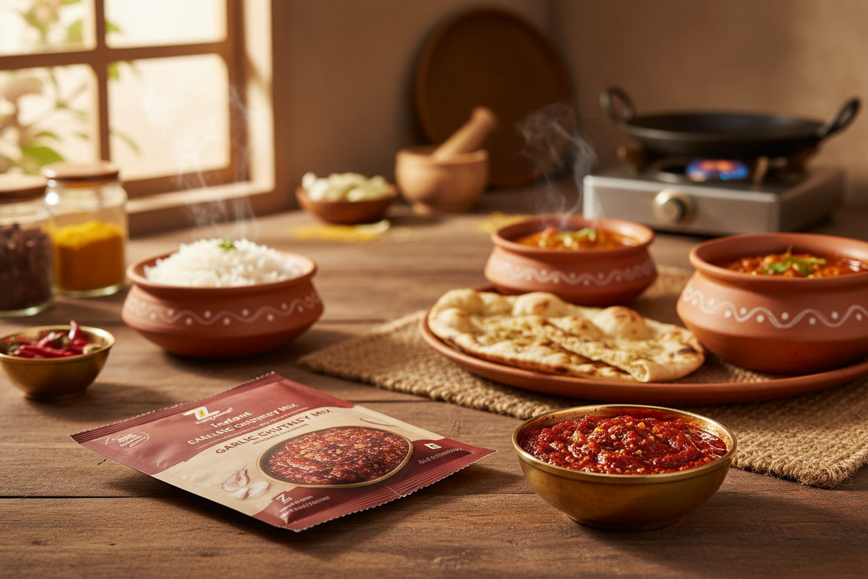 A warm, appetizing Indian kitchen or dining setup showcasing Zaykoo Instant Garlic Chutney Mix. In the foreground, a clean, modern Zaykoo packet with deep red and beige color packaging labeled “Zaykoo – Instant Garlic Chutney Mix.” Beside it, a small bowl of bright red garlic chutney, thick and textured with visible chili flakes and garlic bits. Visual Style: Professional FMCG food photography, photorealistic texture, high detail, natural shadows, and vibrant red color palette. 