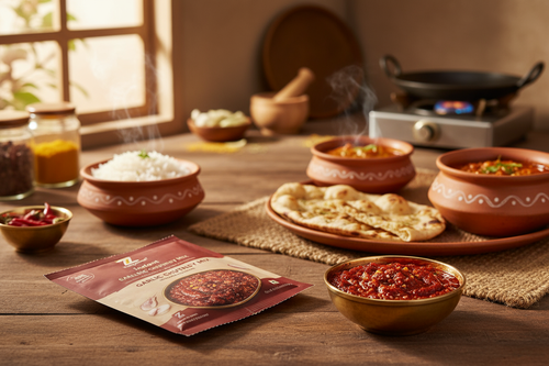 A warm, appetizing Indian kitchen or dining setup showcasing Zaykoo Instant Garlic Chutney Mix. In the foreground, a clean, modern Zaykoo packet with deep red and beige color packaging labeled “Zaykoo – Instant Garlic Chutney Mix.” Beside it, a small bowl of bright red garlic chutney, thick and textured with visible chili flakes and garlic bits. Visual Style: Professional FMCG food photography, photorealistic texture, high detail, natural shadows, and vibrant red color palette. 