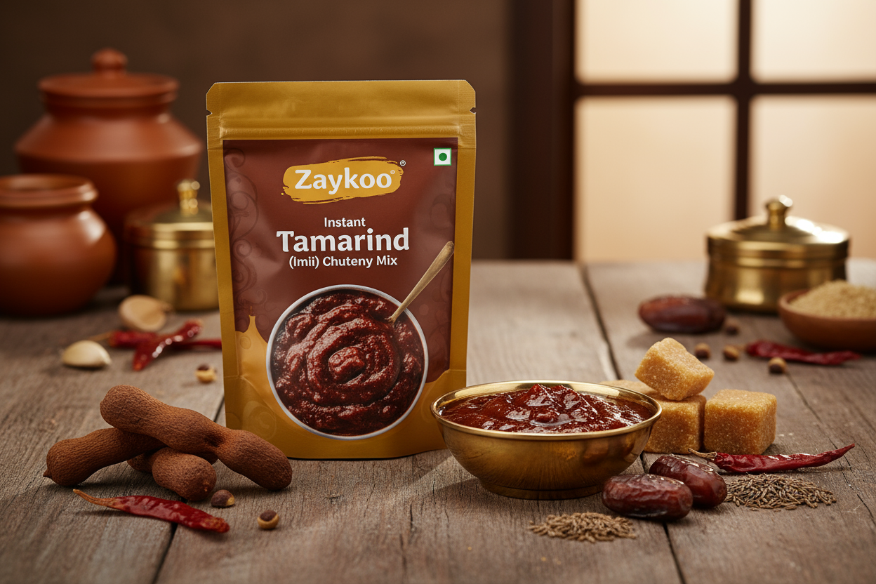 A warm, appetizing Indian kitchen or street-food-inspired setup showcasing Zaykoo Instant Tamarind (Imli) Chutney Mix. In the foreground, a clean, modern Zaykoo packet with brown and golden color packaging labeled “Zaykoo – Instant Tamarind Chutney Mix.” Beside it, a small bowl of rich brown tamarind chutney, glossy and smooth, with visible texture of jaggery and tamarind.Surround the bowl with fresh ingredients — tamarind pods, jaggery cubes, dates, roasted cumin, and chili — arranged beautifully to repres