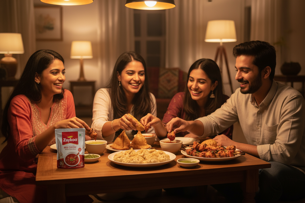 A young Indian couple or group of friends enjoying evening snacks (momos, samosas, kebabs) while dipping into Zaykoo Red Chilli Chutney. The Zaykoo packet placed clearly beside the plate. Warm, cozy indoor light with a fun, relatable vibe.