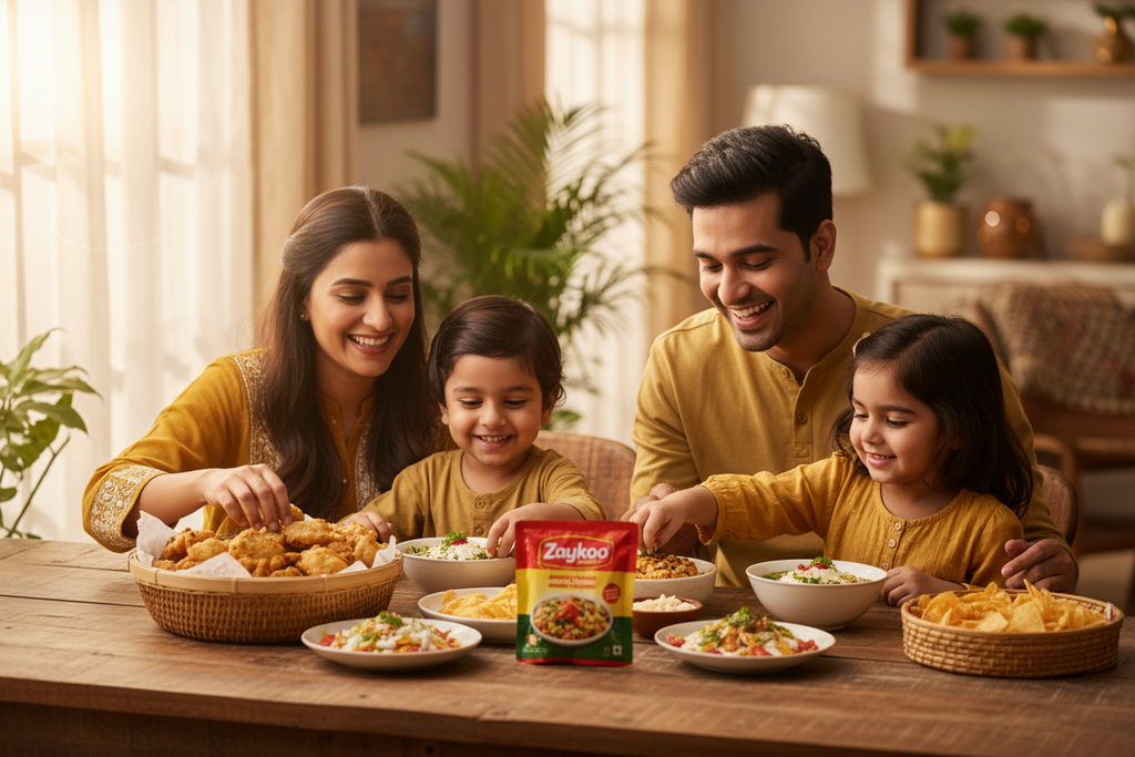 A young Indian family or couple sharing pakoras and chaats with Zaykoo Amchur Chutney. The packet is visible on the table. Everyone’s smiling, expressing delight. Warm, inviting light gives a real-life, homely feeling.