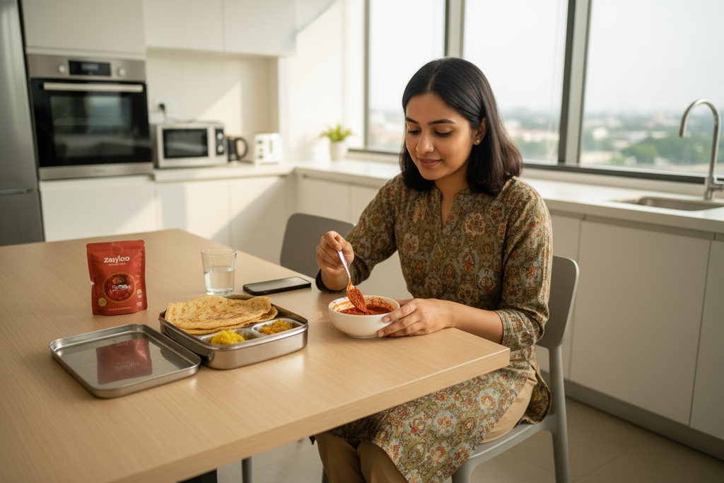 A young Indian professional mixing Zaykoo Tomato Chutney powder with water in a small bowl beside a lunchbox containing dosa or sandwich. Expression of ease and satisfaction. Modern kitchen or office lunch setting, realistic lighting.