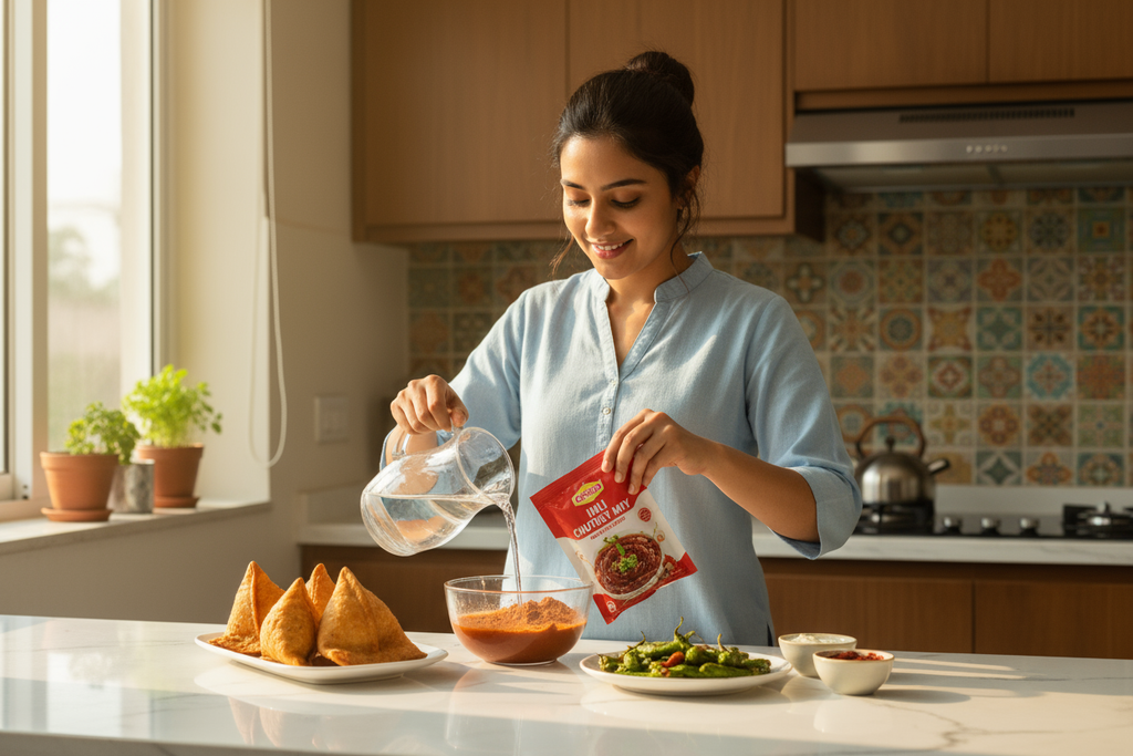 A young Indian professional or homemaker preparing imli chutney by mixing Zaykoo powder with water in a bowl while serving snacks. Modern kitchen setting, bright daylight, and natural emotion showing ease and freshness.