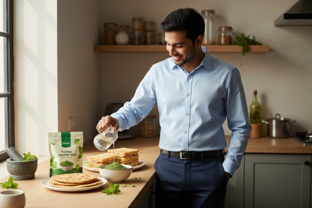 A young Indian woman or man in office clothes preparing chutney quickly before a meal — pouring water into Zaykoo Pudina Chutney Mix in a small bowl beside a plate of parathas or sandwiches. Expression of ease and freshness. Bright, natural daylight, realistic texture.