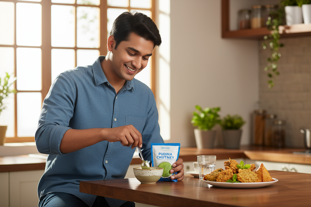 A young Indian working professional mixing Zaykoo Pudina Chutney powder with water in a small bowl beside a plate of pakoras and samosas. Smiling, casual, relaxed mood, daylight streaming through window, showing convenience and freshness.
