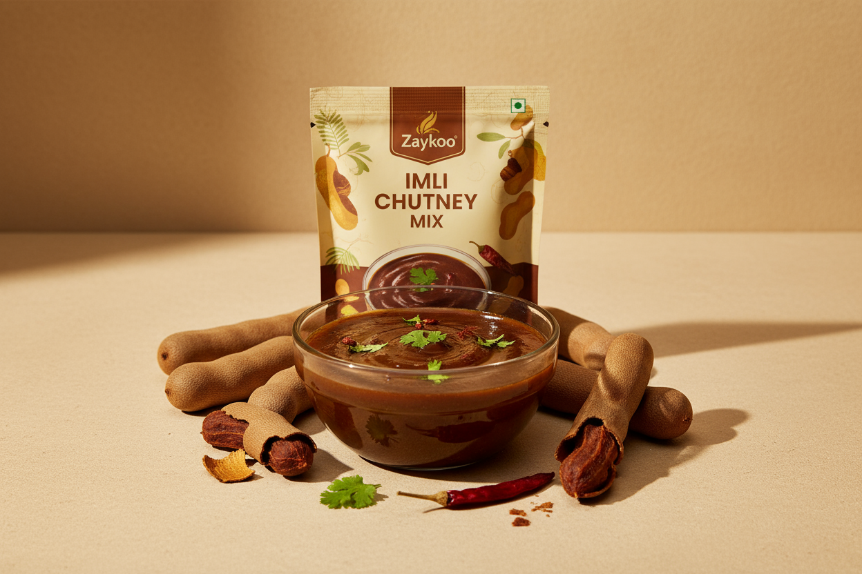 Centered Zaykoo Imli Chutney Mix packet with a bowl of glossy brown chutney and fresh tamarind pods arranged neatly around. Clean beige background, professional product composition.Aspect Ratio:16:9 Lighting: Natural warm daylight with soft shadows and high contrast on food.Color Palette: Earthy browns, golds, and beiges with hints of green and red (for spices).