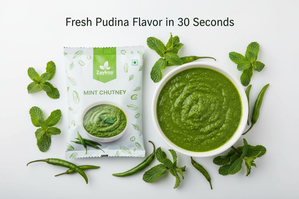 Centered Zaykoo Mint Chutney packet with a bowl of vibrant green chutney beside it. Mint leaves and green chili scattered naturally around. Text overlay: “Fresh Pudina Flavor in 30 Seconds.” Clean, elegant, brand-first aesthetic.