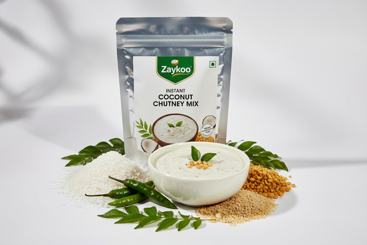 Close-up of Zaykoo Instant Coconut Chutney Mix pouch with fresh ingredients (coconut, green chili, curry leaves, roasted gram) arranged neatly around it. A small bowl of creamy chutney in front. Minimal background, soft shadow, commercial product photography style.