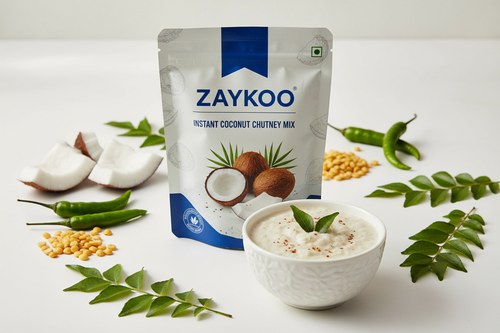 Close-up of Zaykoo Instant Coconut Chutney Mix pouch with fresh ingredients (coconut, green chili, curry leaves, roasted gram) arranged neatly around it. A small bowl of creamy chutney in front. Minimal background, soft shadow, commercial product photography style.