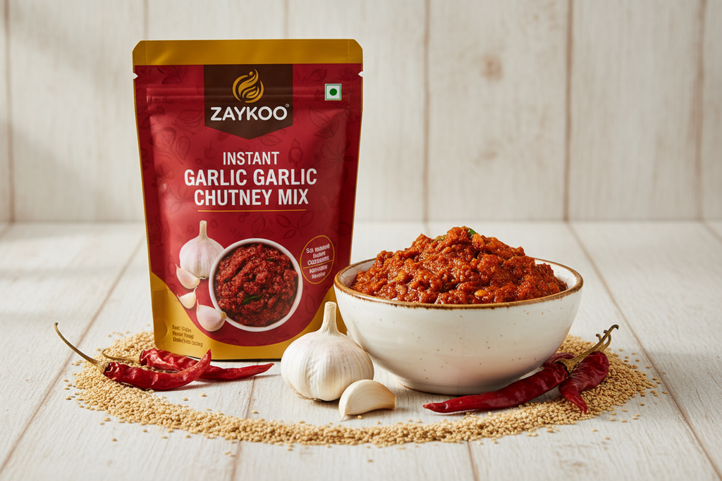Zaykoo Instant Garlic Chutney Mix packet standing beside a bowl of vibrant red chutney. Garlic cloves, dry chilies, and sesame seeds arranged around for styling. Clean white or wooden background, professional product photography composition.