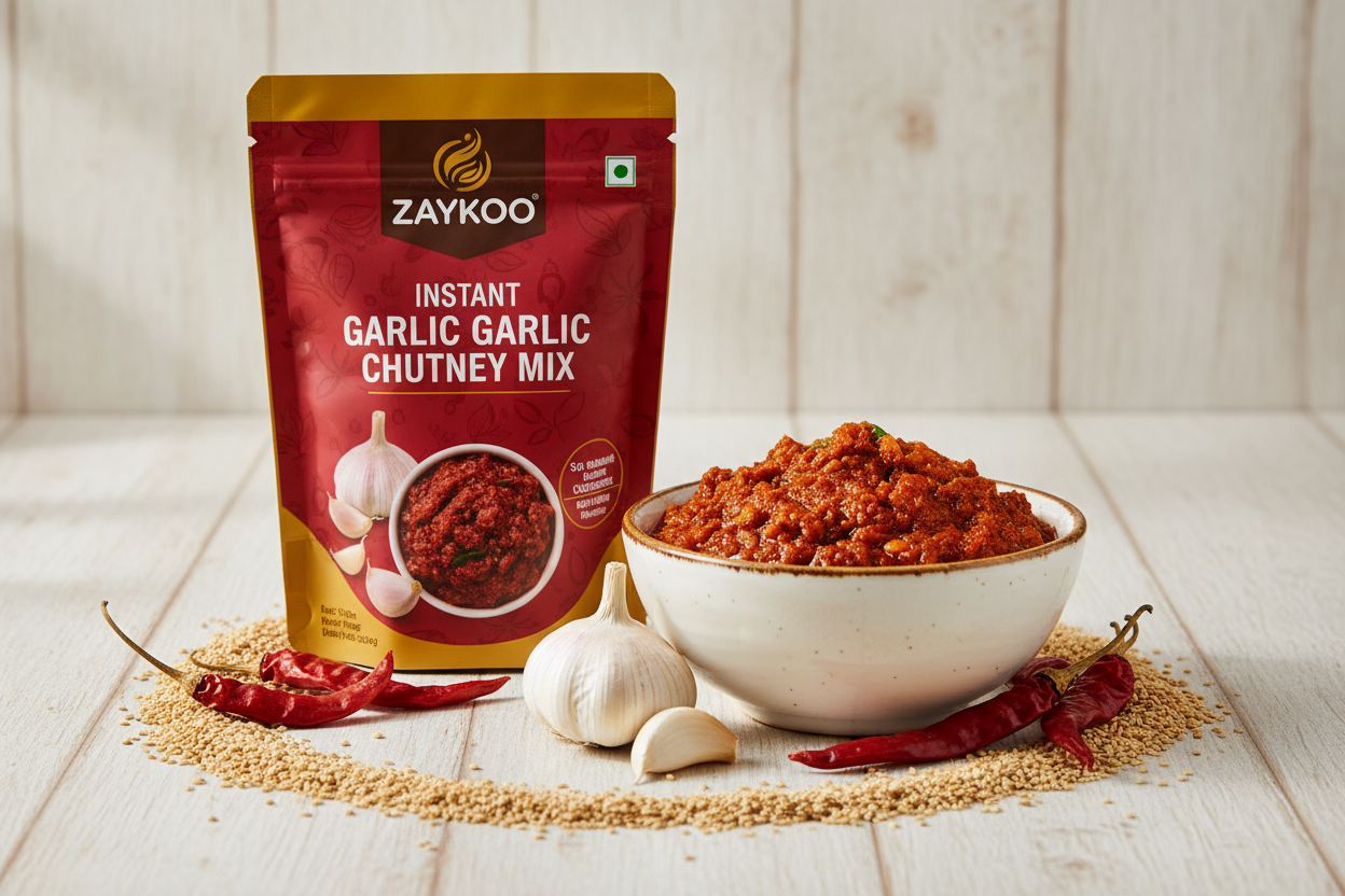 Zaykoo Instant Garlic Chutney Mix packet standing beside a bowl of vibrant red chutney. Garlic cloves, dry chilies, and sesame seeds arranged around for styling. Clean white or wooden background, professional product photography composition.