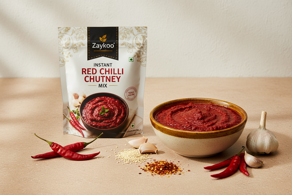 Zaykoo Instant Red Chilli Chutney Mix packet standing beside a bowl of rich red chutney. Fresh red chillies, garlic cloves, and sesame seeds scattered around for authenticity. Clean white or textured beige background, soft shadows, and professional product lighting.